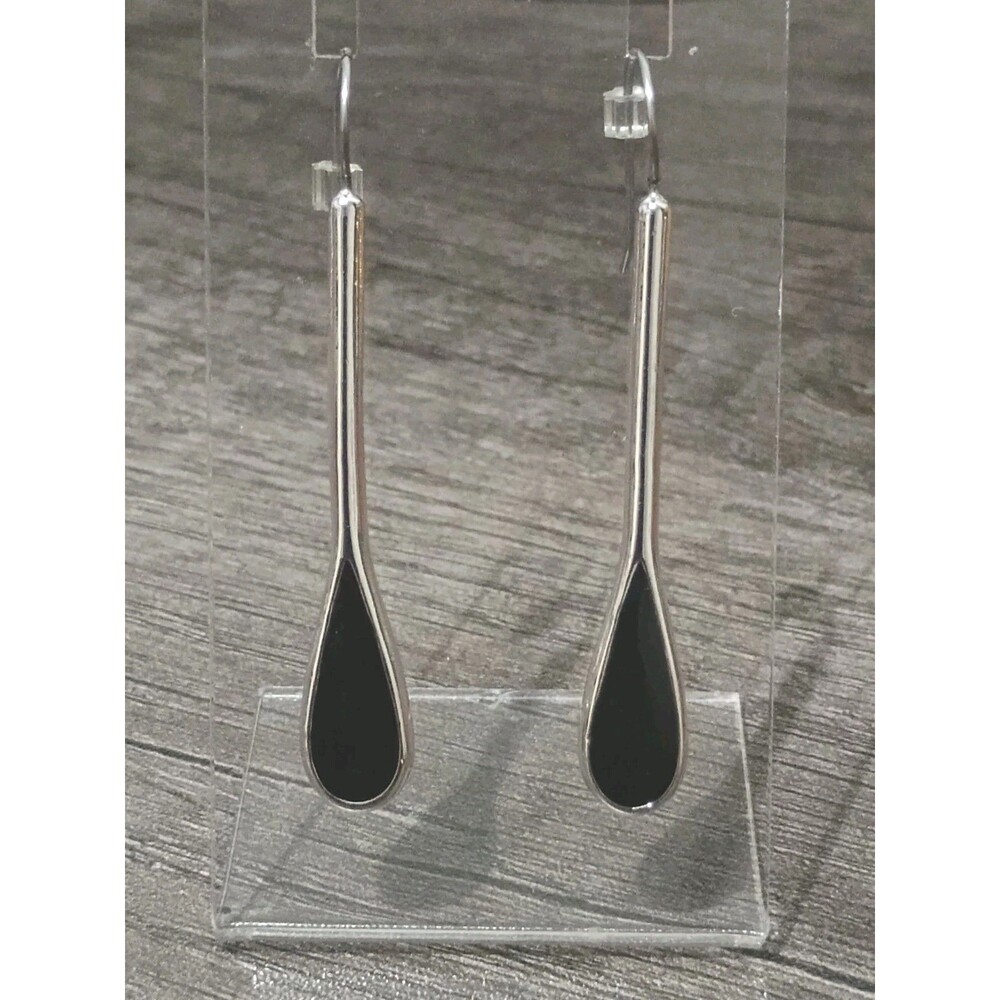 Lia Sophia Ink Spot Black Enamel Silver Tone Dangle Earrings Retired